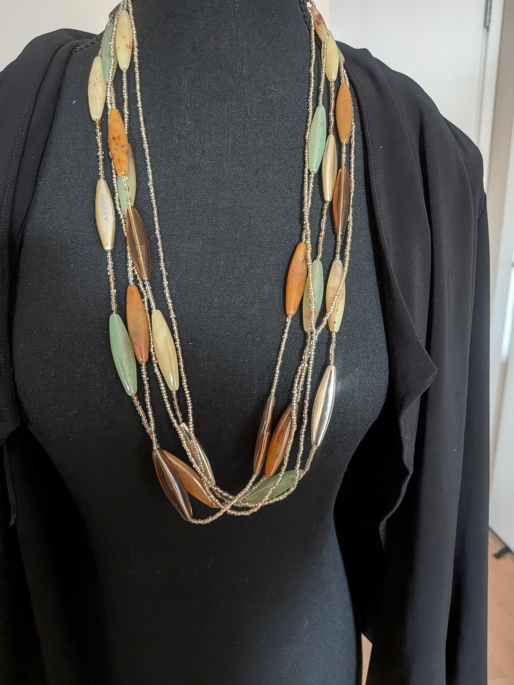 Bohemian Earth Tone Multi-Strand Rice Bead Statement Necklace